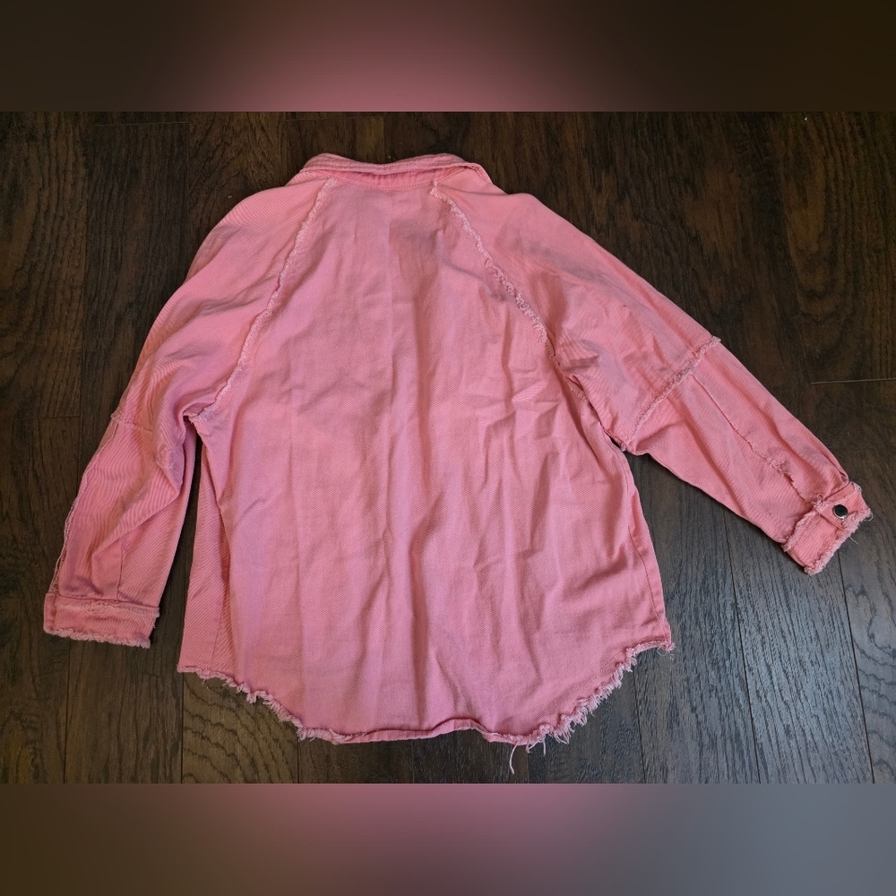 Pink Button-Up Shirt with Frayed Hem - Picture 3 of 3
